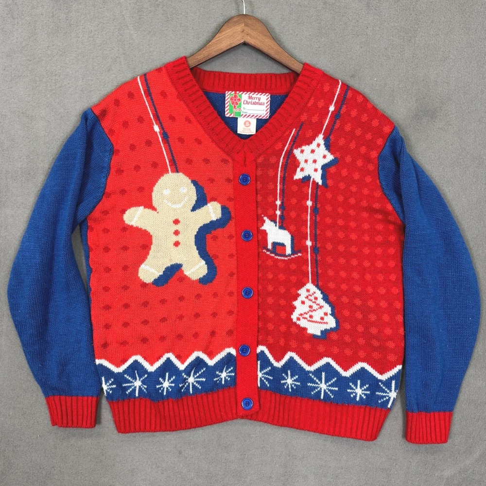 Merry Christmas Knit Cardigan Women S Red Blue Gingerbread Ugly Holiday Sweater